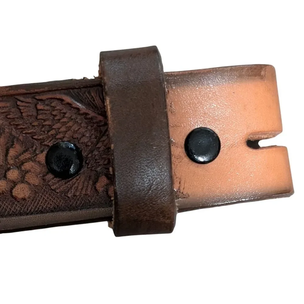 Brown leather tooled eagle belt cow hide western cowboy rodeo festival